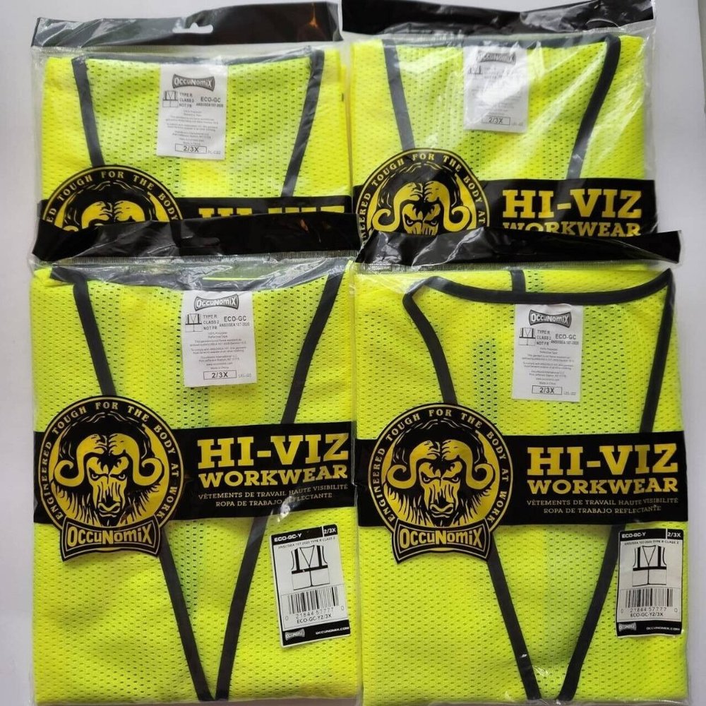 4 OccuNomix Mens Class 2 Mesh Single Stripe Safety Vest, Neon Yellow, 2/3X